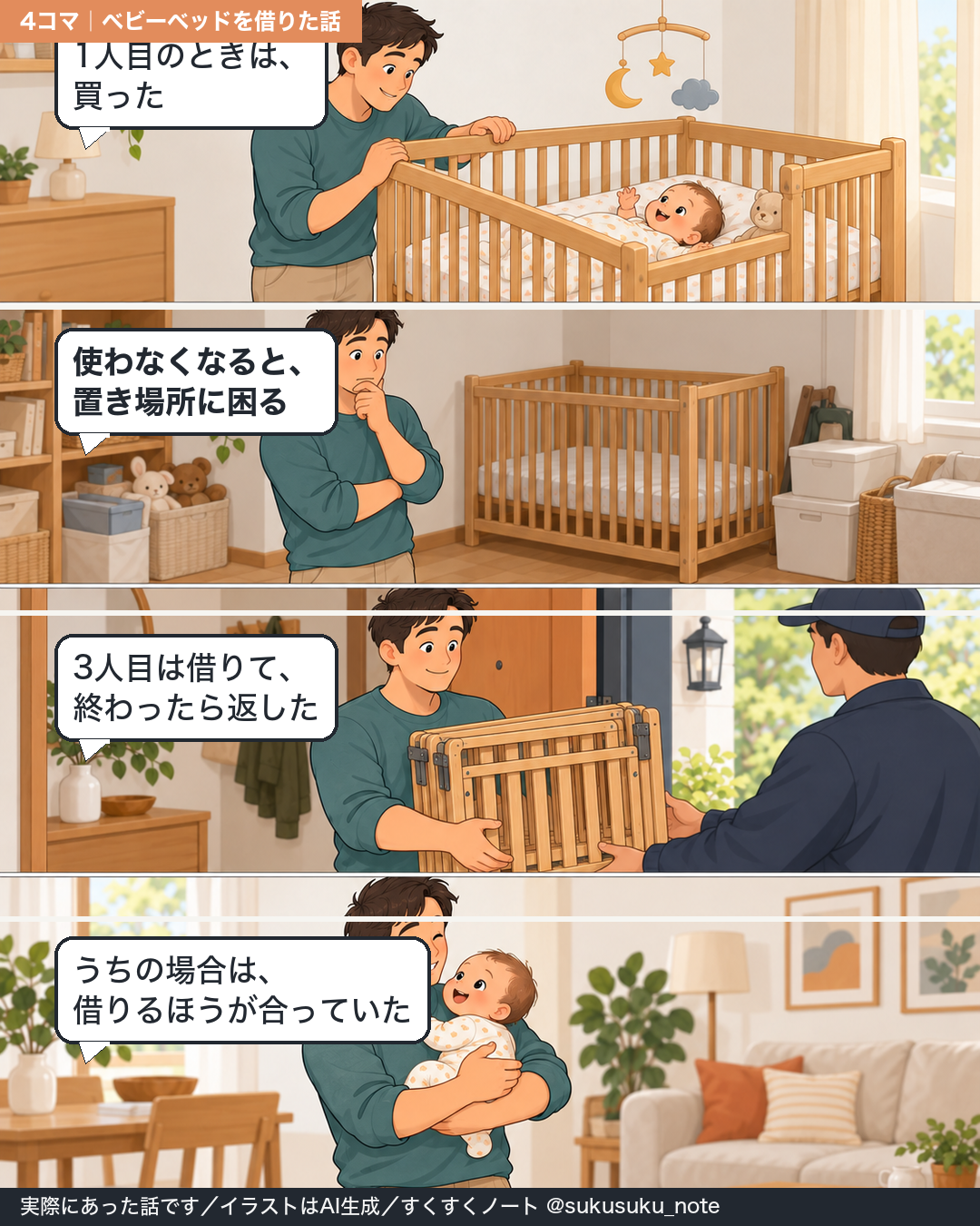 1人目はベビーベッドを買い、置き場所に困ったので3人目は自治体の制度で借りて返した話の4コマ漫画
