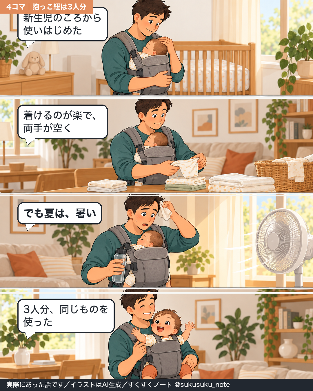 新生児から抱っこ紐を使い、着けるのは楽だが夏は暑く、3人分同じものを使った話の4コマ漫画