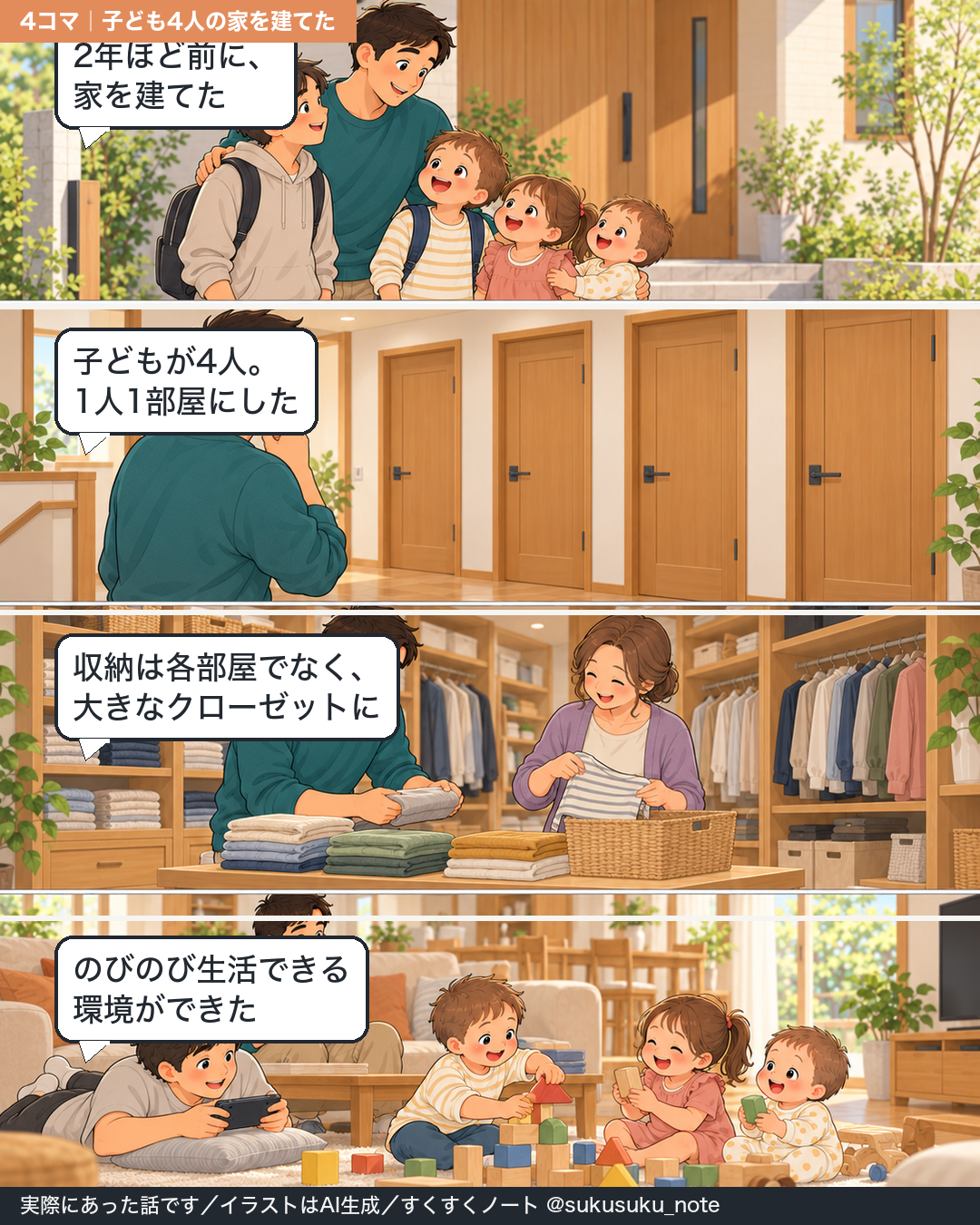 子ども4人の家を建てて、1人1部屋と大きなファミリークローゼットにした話の4コマ漫画