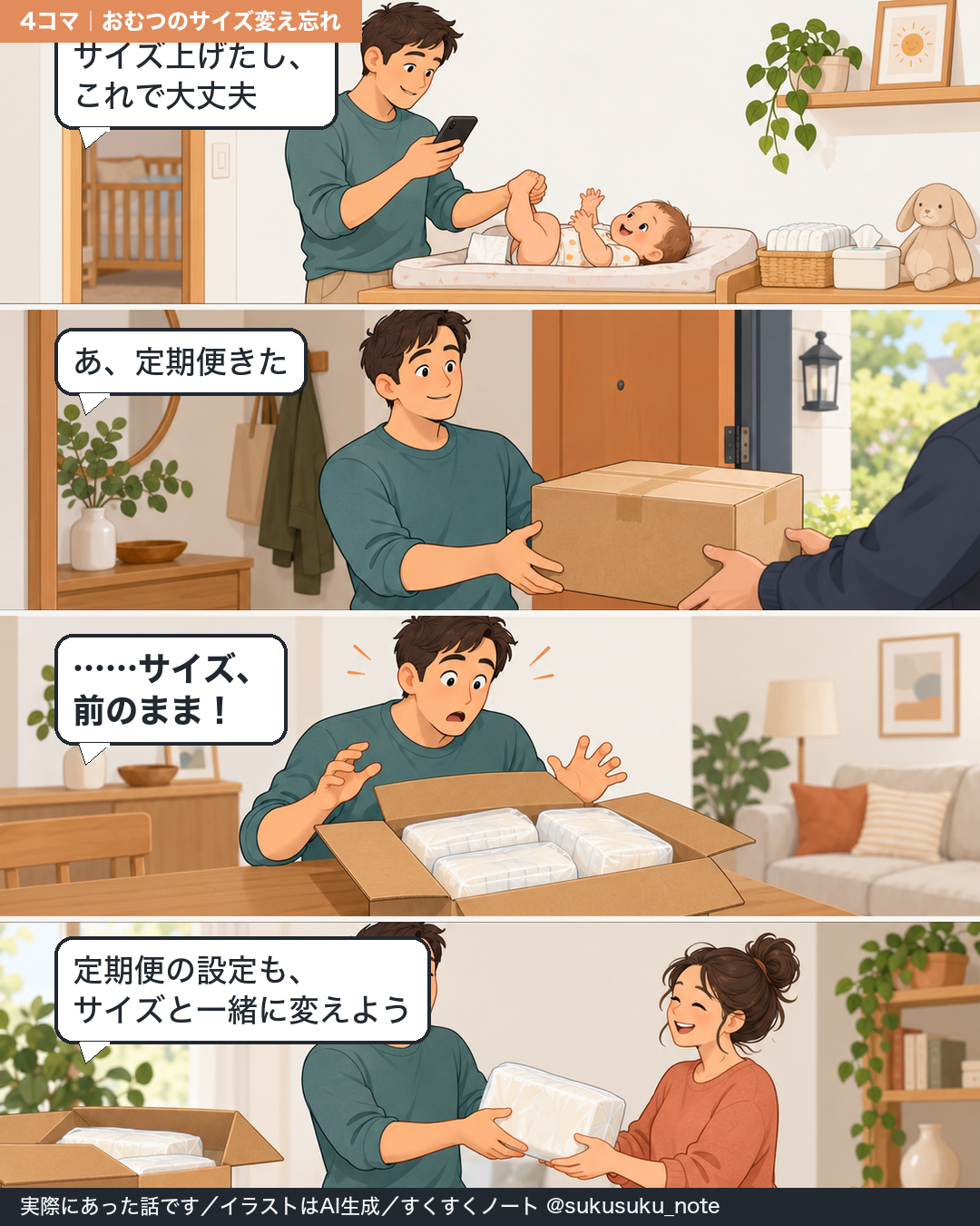 おむつのサイズを上げたのに定期便の設定を変え忘れて前のサイズが届いた話の4コマ漫画