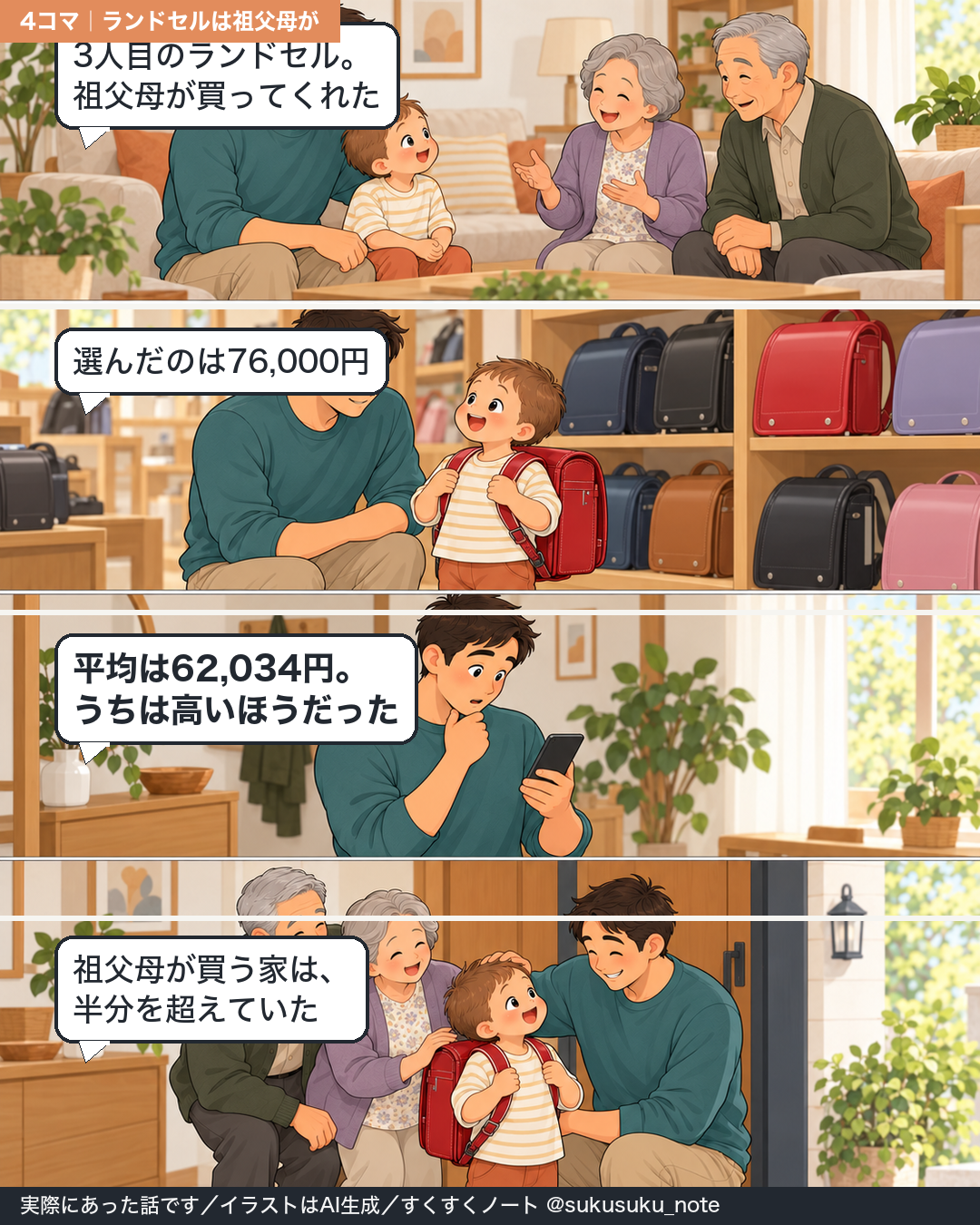 3人目のランドセルも祖父母が買ってくれて、76,000円は平均より高いほうだった話の4コマ漫画