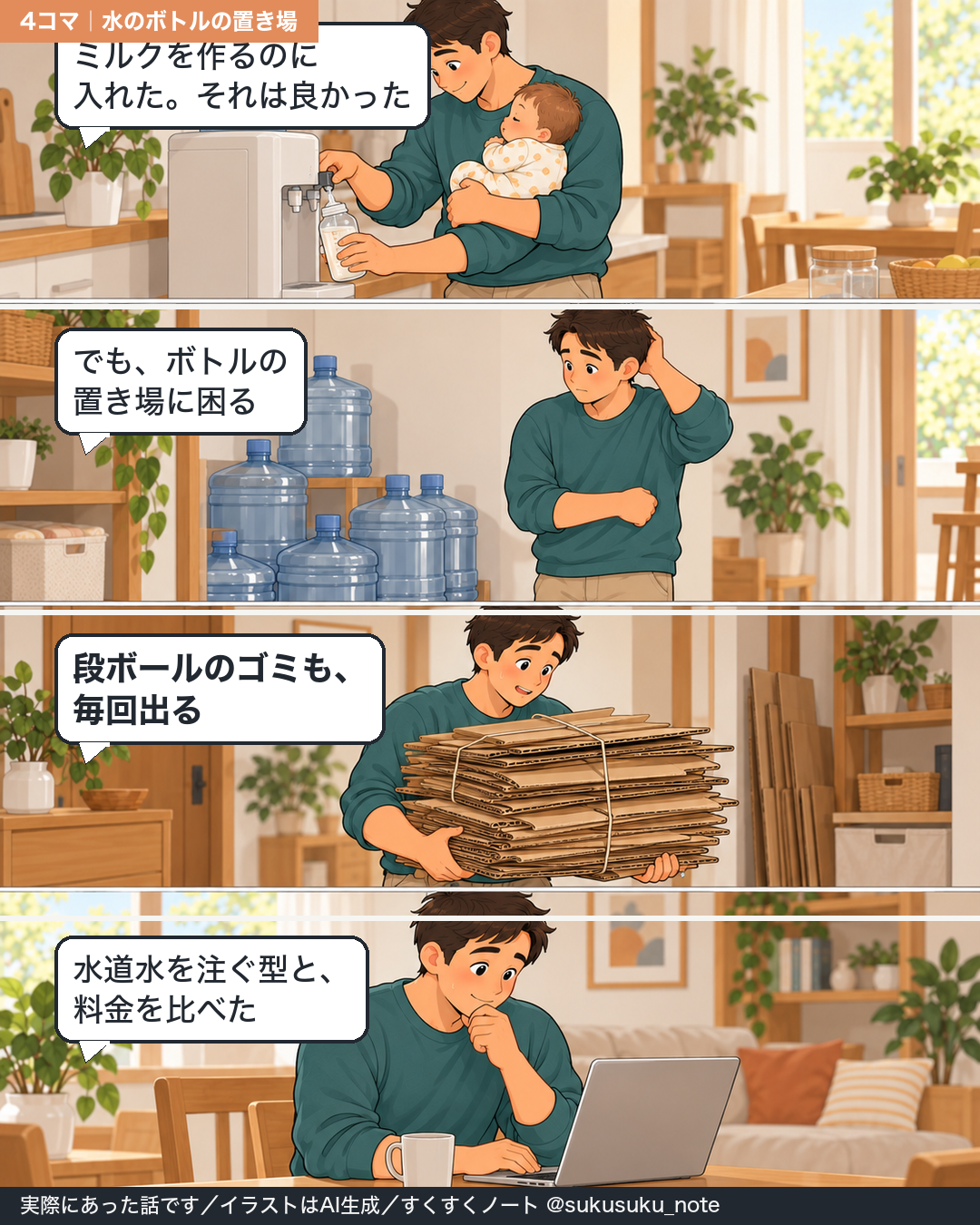 ミルク作りのためにウォーターサーバーを入れたが、ボトルの置き場と段ボールのゴミに困った話の4コマ漫画