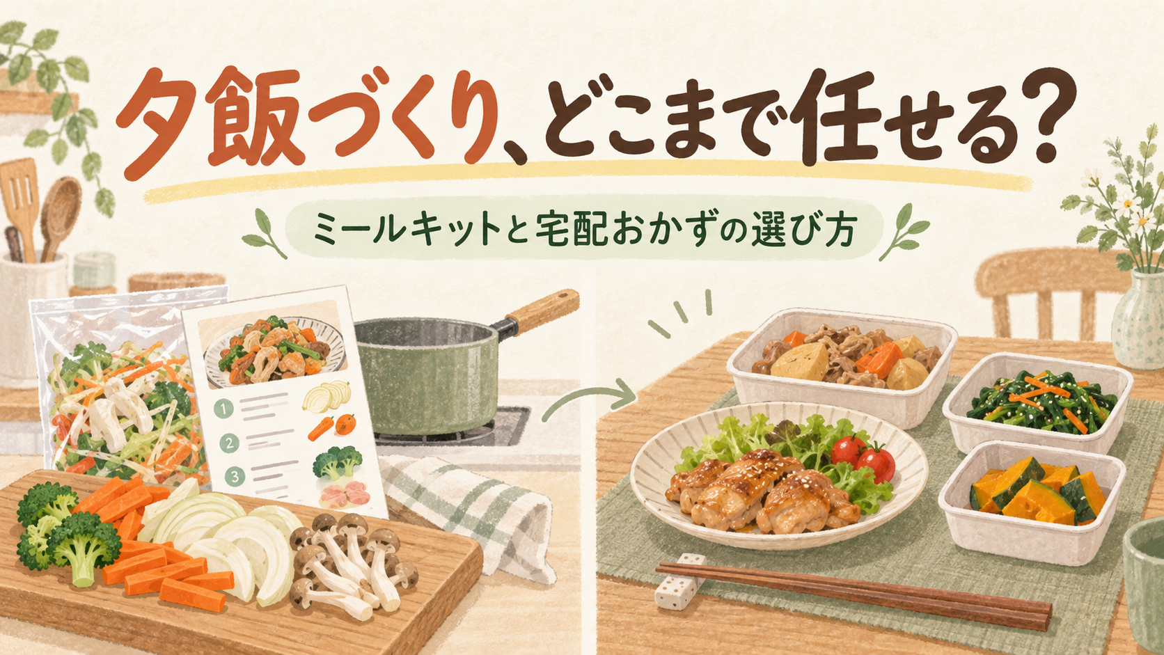ミールキットの食材・レシピカードと調理器具、宅配おかずの容器を並べたイラスト